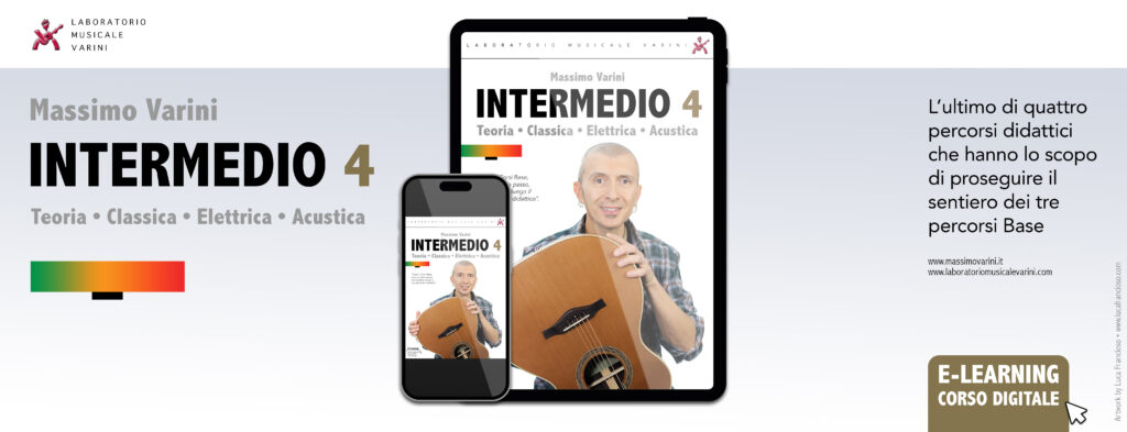 l'immagine ritrae l'autore del corso, Massimo Varini, con la chitarra in mano per illustrare il corso INTERMEDIO 4 che è il quarto corso di un percorso intermedio che dura in totale circa 2 anni e si colloca come un ipotetico terzo anno accademico. I corsi base 1 2 e 3 di chitarra acustica elettrica e classica sono per il primo anno accademico e sono completi di corsi di armonia teoria, solfeggio cantato parlato e ritmico, ear training. Corsi online con o senza esame, con tutor che aiutano gli studenti in ogni modo!
