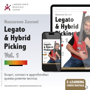 immagine promozionale che ritrae Nazzareno Zacconi con la chitarra, intento a suonare con LEGATO & HYBRID PICKING - il corso promozionato è in modalità KICKSTARTER promozionale e coming soon