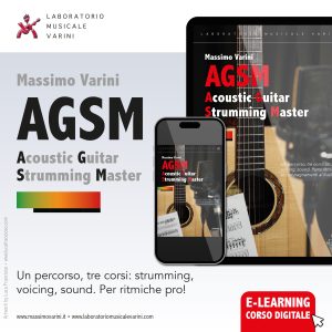 una chitarra acustica con uno spartito (pentagramma e tablatura) infilato tra le corde e un microfono. Per indicare la chitarra acustica, lo strumming, il corso voicing e accordi e il corso di registrazione e suono live.